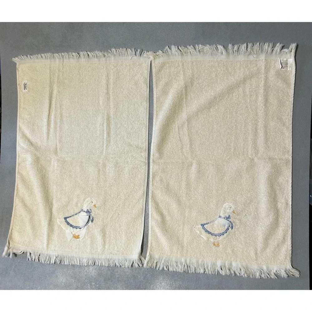 Vintage Cannon Geese Hand Towels Set of 2 Cream Blue Fringed Made in USA 1980s